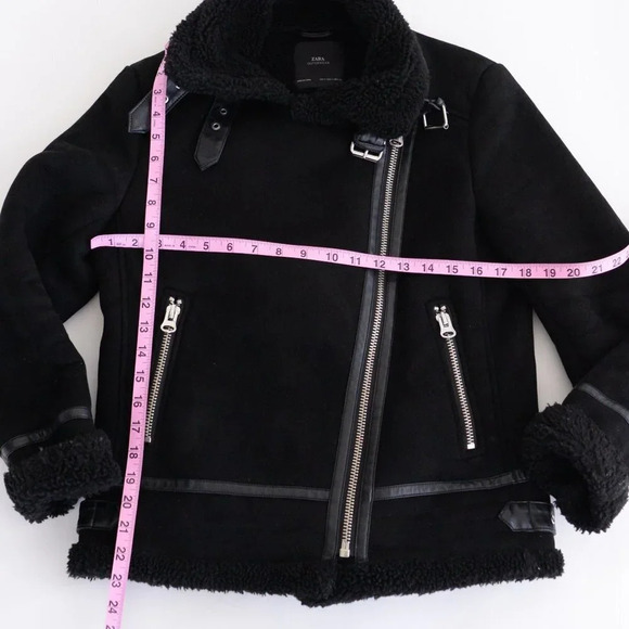 Zara Black Faux Shearling Bomber  Moto Jacket Small - Picture 5 of 16